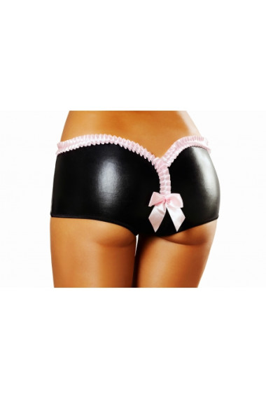 LATEX SEXY & EROTIC WOMEN'S LINGERIE BLACK SHORTS WITH PINK RIBBON - CUTE SHORTS