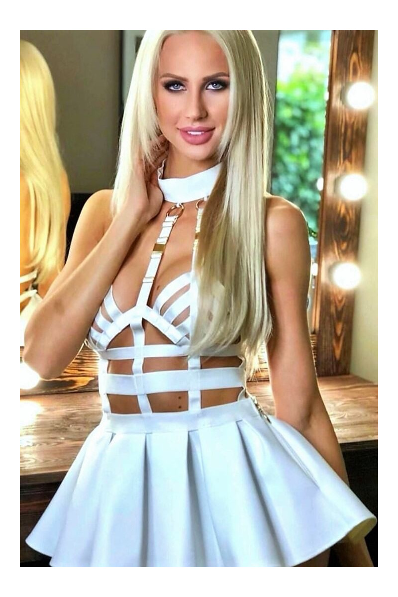 Seksowna skórzana biała sukienka mini - Fortune Me
